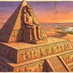 Pharaoh statue atop an ancient Egyptian pyramid with hieroglyphs
