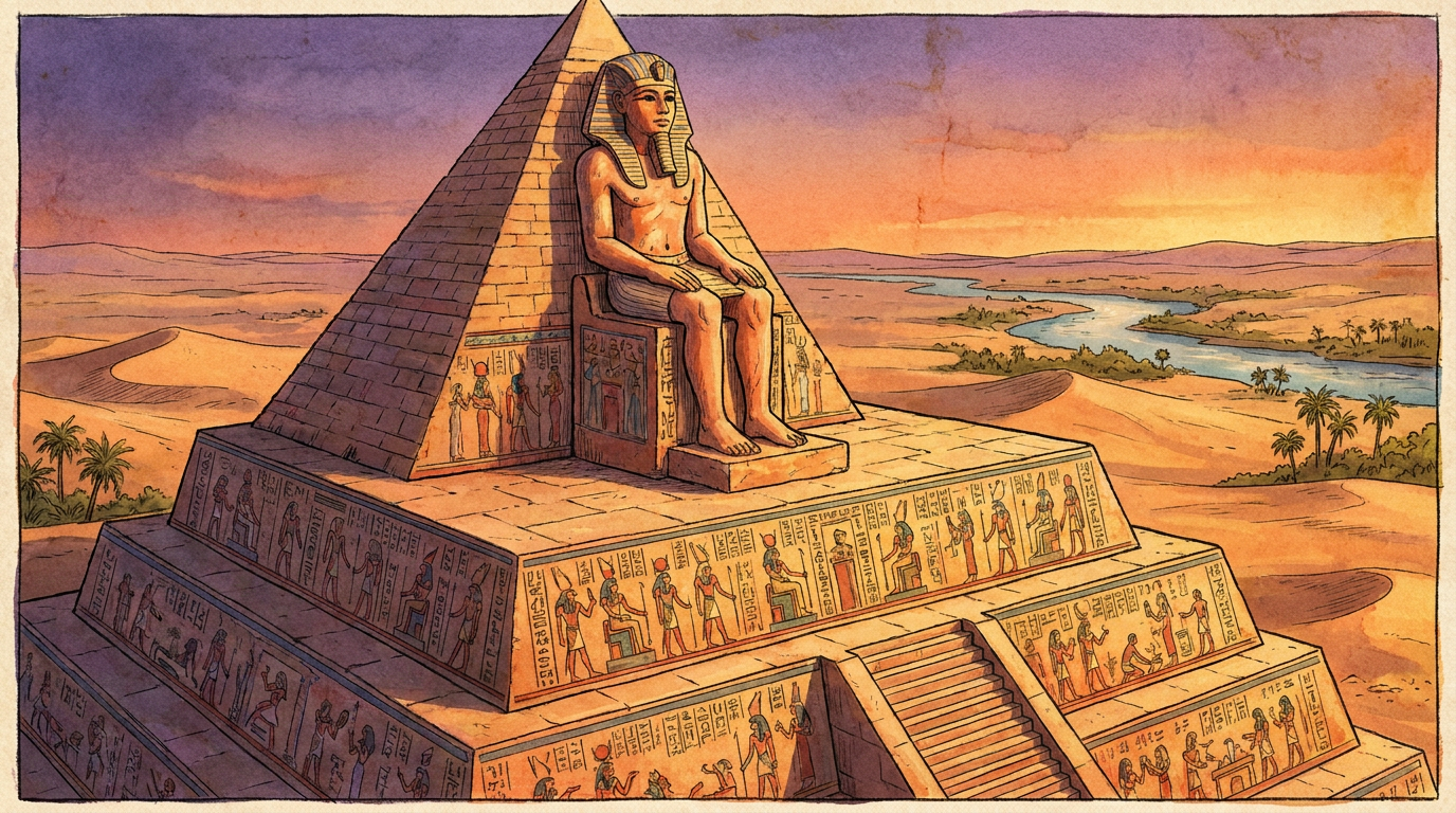Pharaoh statue atop an ancient Egyptian pyramid with hieroglyphs