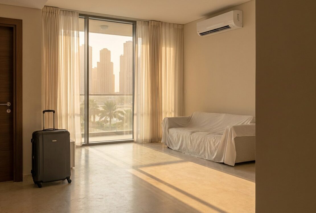 Empty living room of a Dubai apartment with a suitcase by the front door, a dust sheet over the sofa and an air conditioning unit on the wall
