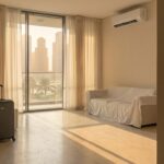Empty living room of a Dubai apartment with a suitcase by the front door, a dust sheet over the sofa and an air conditioning unit on the wall