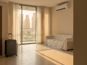 Empty living room of a Dubai apartment with a suitcase by the front door, a dust sheet over the sofa and an air conditioning unit on the wall