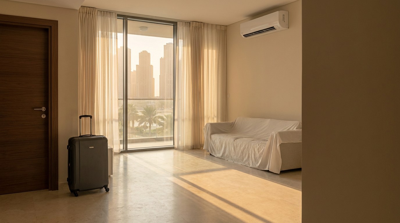 Empty living room of a Dubai apartment with a suitcase by the front door, a dust sheet over the sofa and an air conditioning unit on the wall