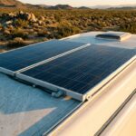 Two solar panels mounted on aluminium rails on the roof of a white camper van parked on desert scrubland at golden hour