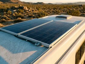 Two solar panels mounted on aluminium rails on the roof of a white camper van parked on desert scrubland at golden hour