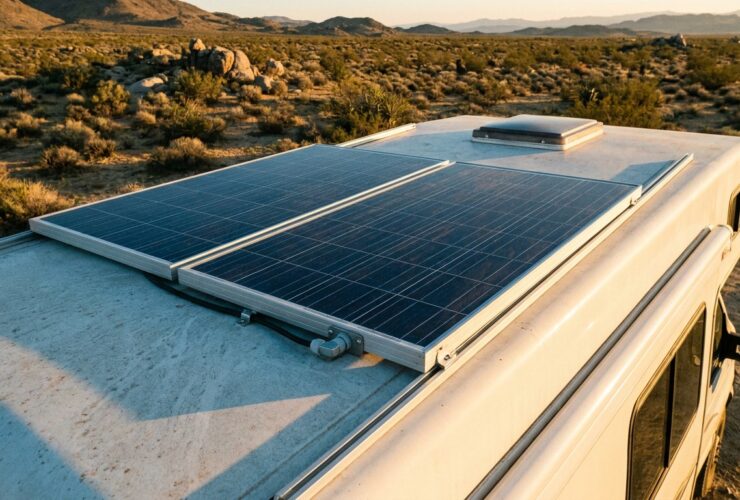 Two solar panels mounted on aluminium rails on the roof of a white camper van parked on desert scrubland at golden hour