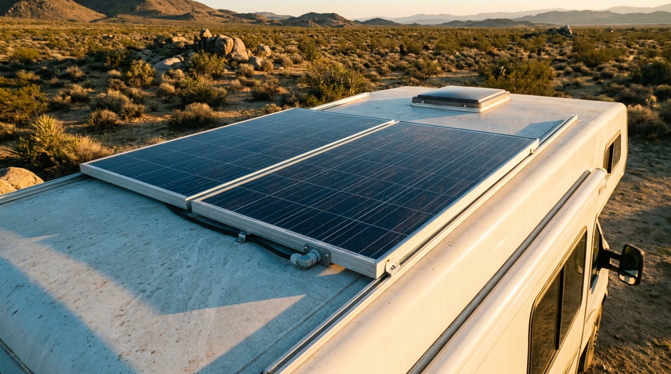 Two solar panels mounted on aluminium rails on the roof of a white camper van parked on desert scrubland at golden hour