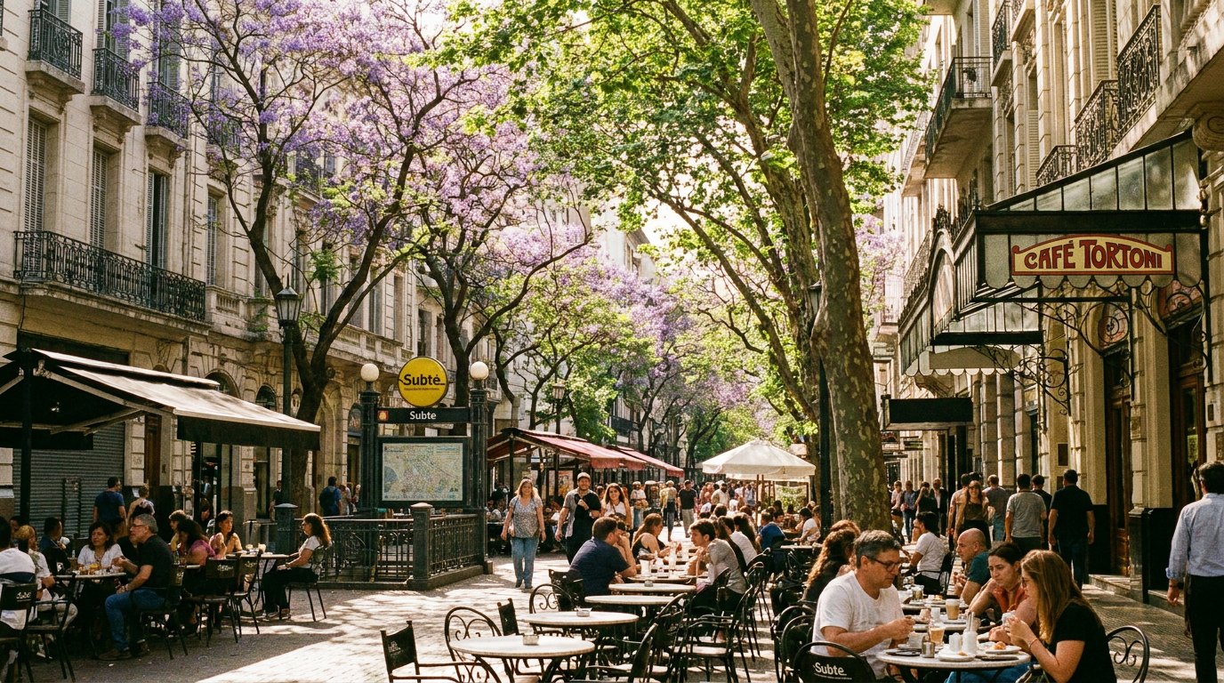 Buenos Aires tree-lined avenue and cafe terraces in summer sun