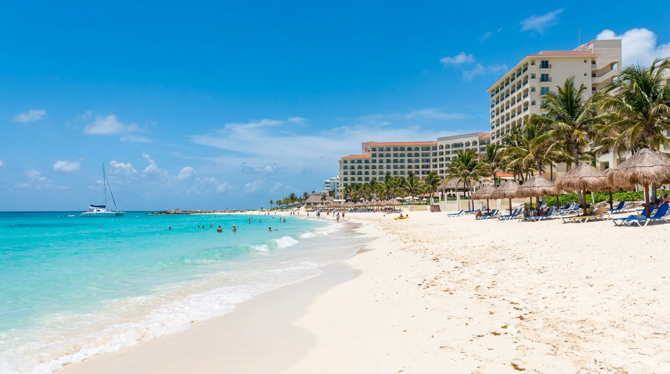 Cancun hotel zone beach with white sand and Caribbean water