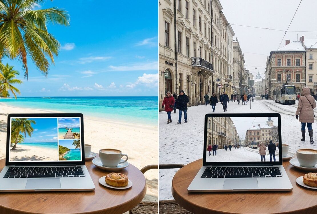 Sunny beach and snowy city street side by side with a laptop on a cafe table