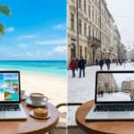 Sunny beach and snowy city street side by side with a laptop on a cafe table