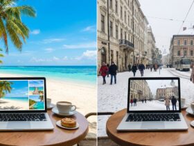 Sunny beach and snowy city street side by side with a laptop on a cafe table