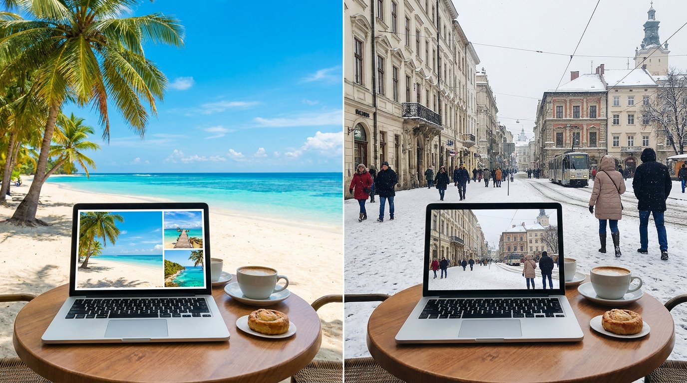 Sunny beach and snowy city street side by side with a laptop on a cafe table