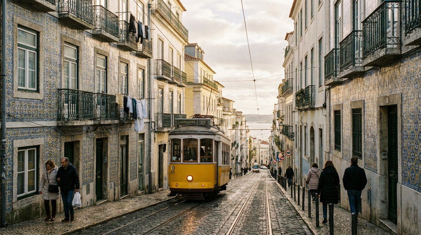 Lisbon hillside street with yellow tram and tiled facades in winter light