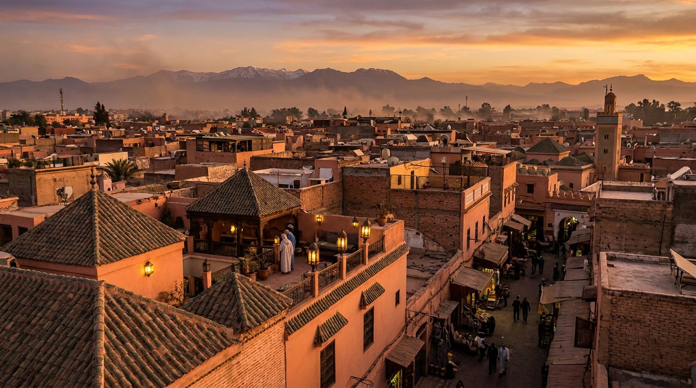 Marrakesh medina rooftops at sunset with Atlas foothills behind