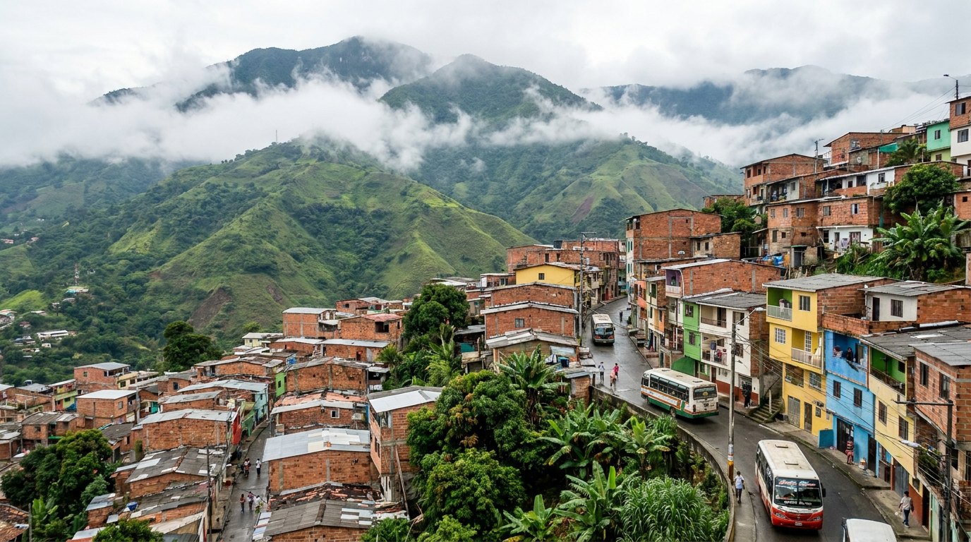 Medellin hillside neighborhood with green mountains and low clouds