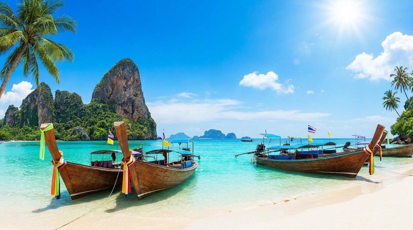 Phuket beach with turquoise water and longtail boats