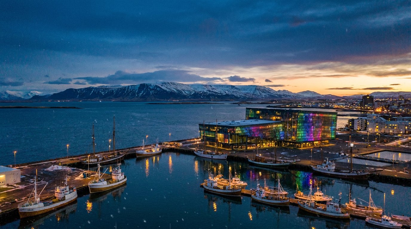 Reykjavik harbor at dusk with snow-dusted mountains across the bay