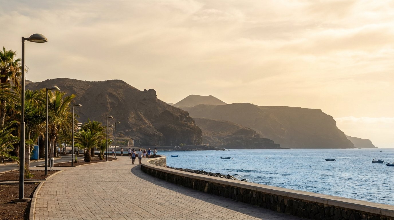 Santa Cruz de Tenerife seafront promenade with volcanic hills behind