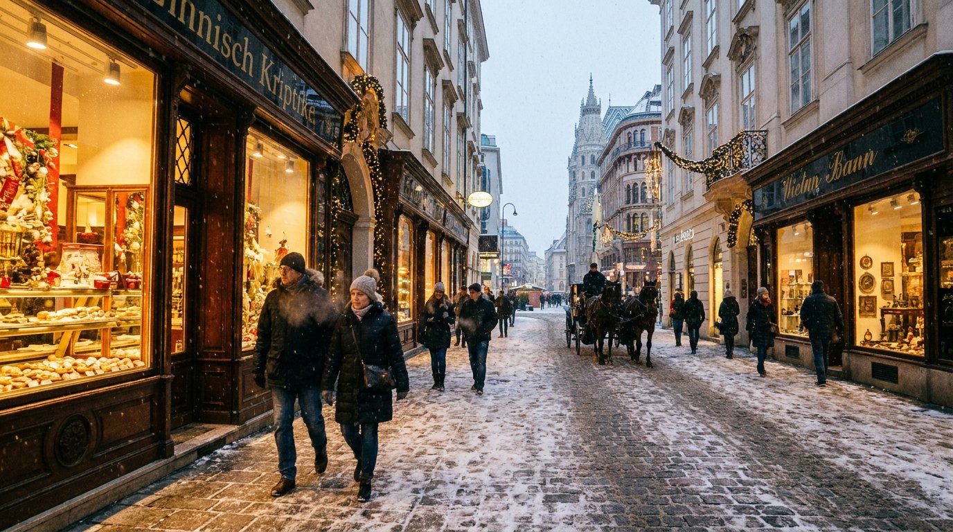 Vienna old town street with lit shop windows on a cold winter evening
