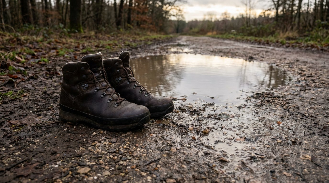 Dark mid-height boots standing beside a rain puddle on a flat dirt trail