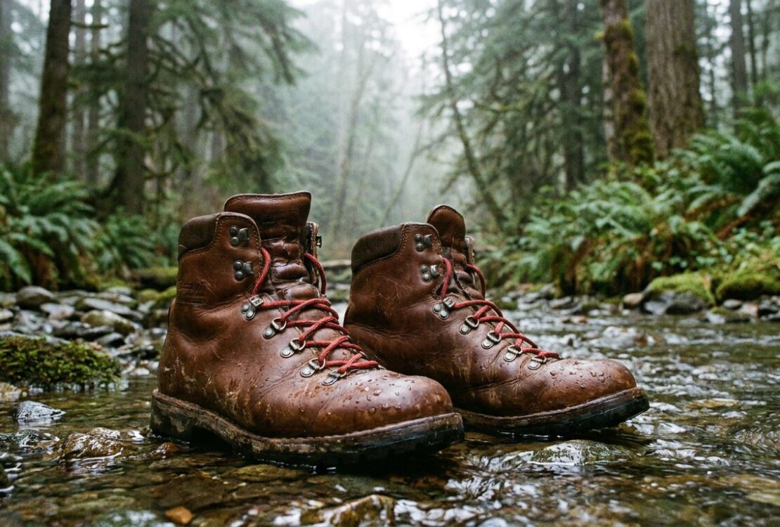 Brown leather hiking boots in a shallow mountain stream with water beading on the leather