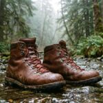Brown leather hiking boots in a shallow mountain stream with water beading on the leather