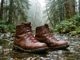 Brown leather hiking boots in a shallow mountain stream with water beading on the leather