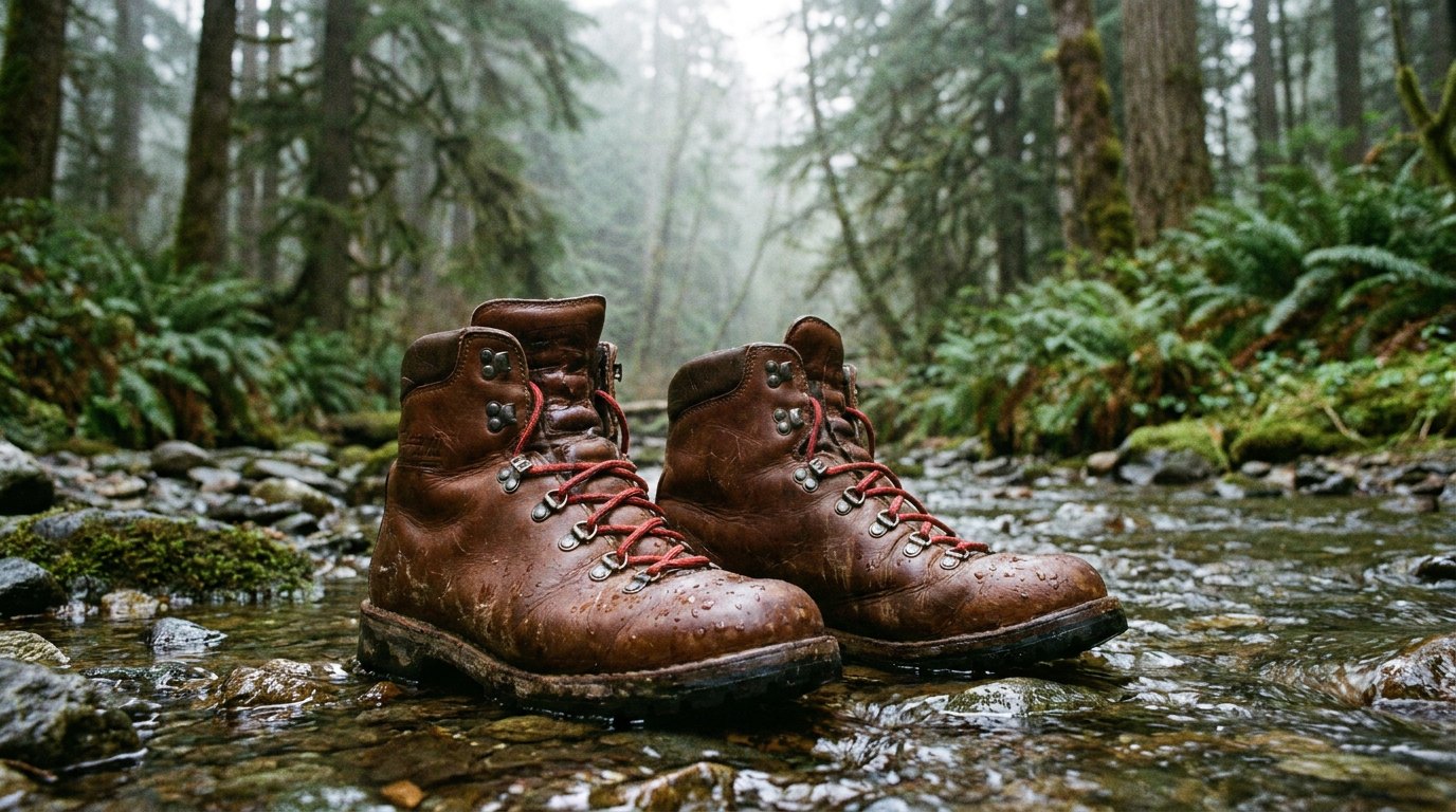 Brown leather hiking boots in a shallow mountain stream with water beading on the leather