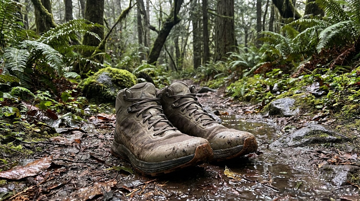 Mid-height trail shoes on a wet forest path with a wide toe box visible