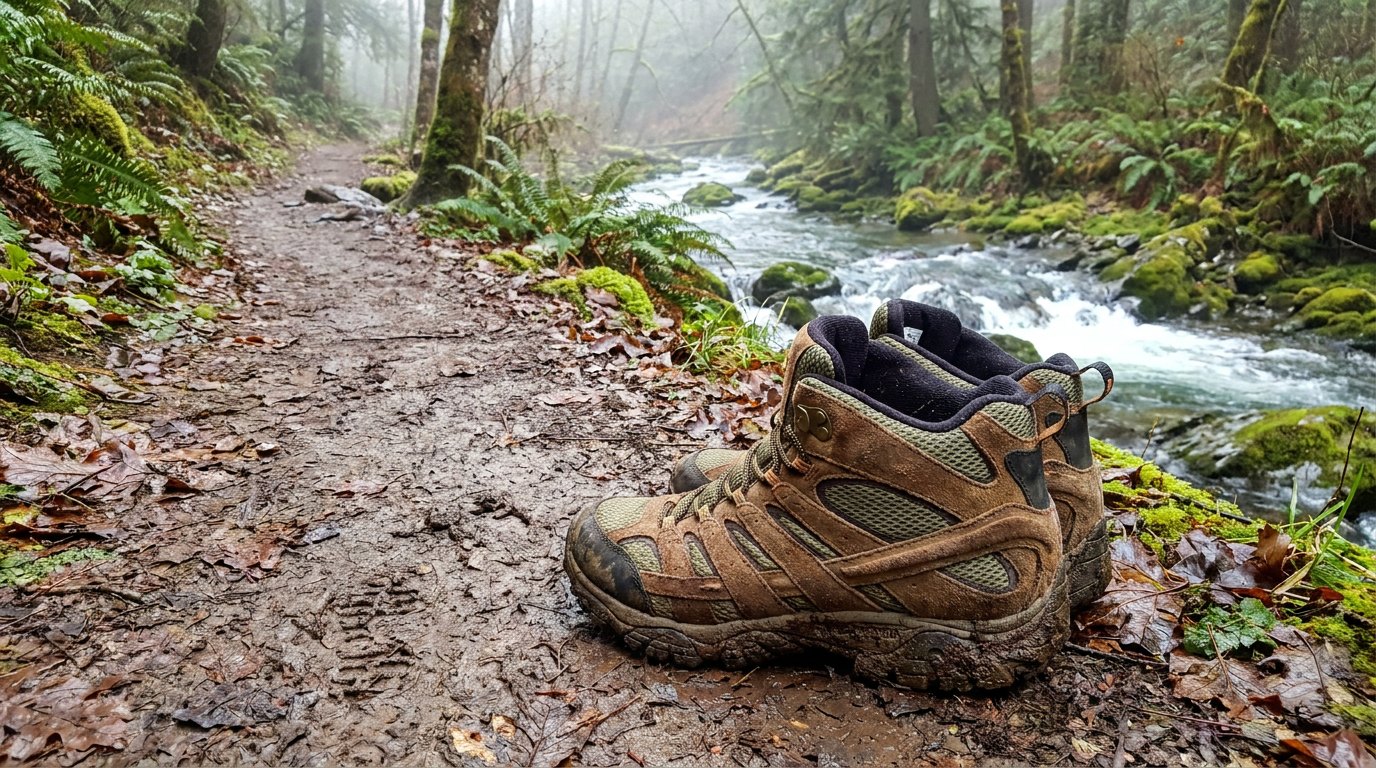 Suede and mesh hiking boots on a damp dirt path beside a creek