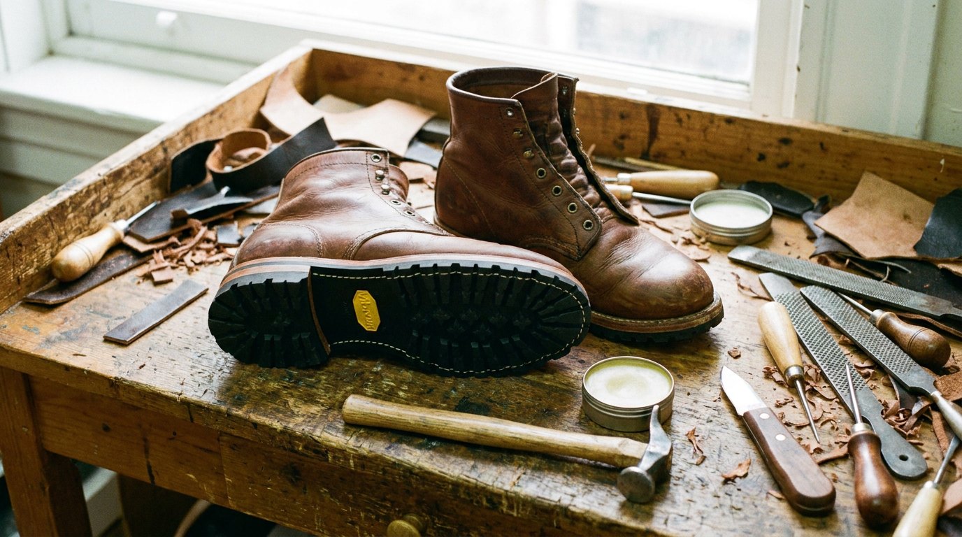 Full-grain leather boots resting on a cobbler's workbench with a sole and tools beside them