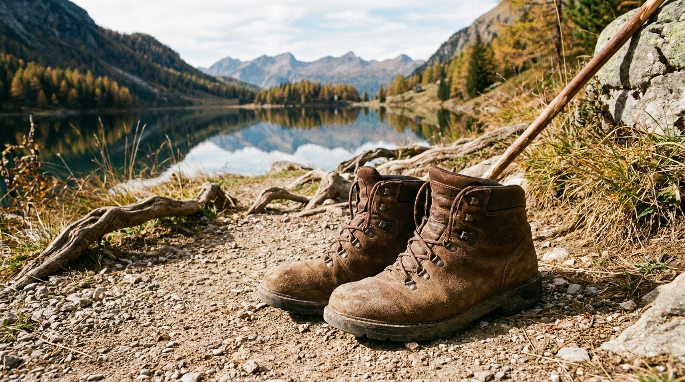 Brown suede walking boots on a dry gravel path beside a lake