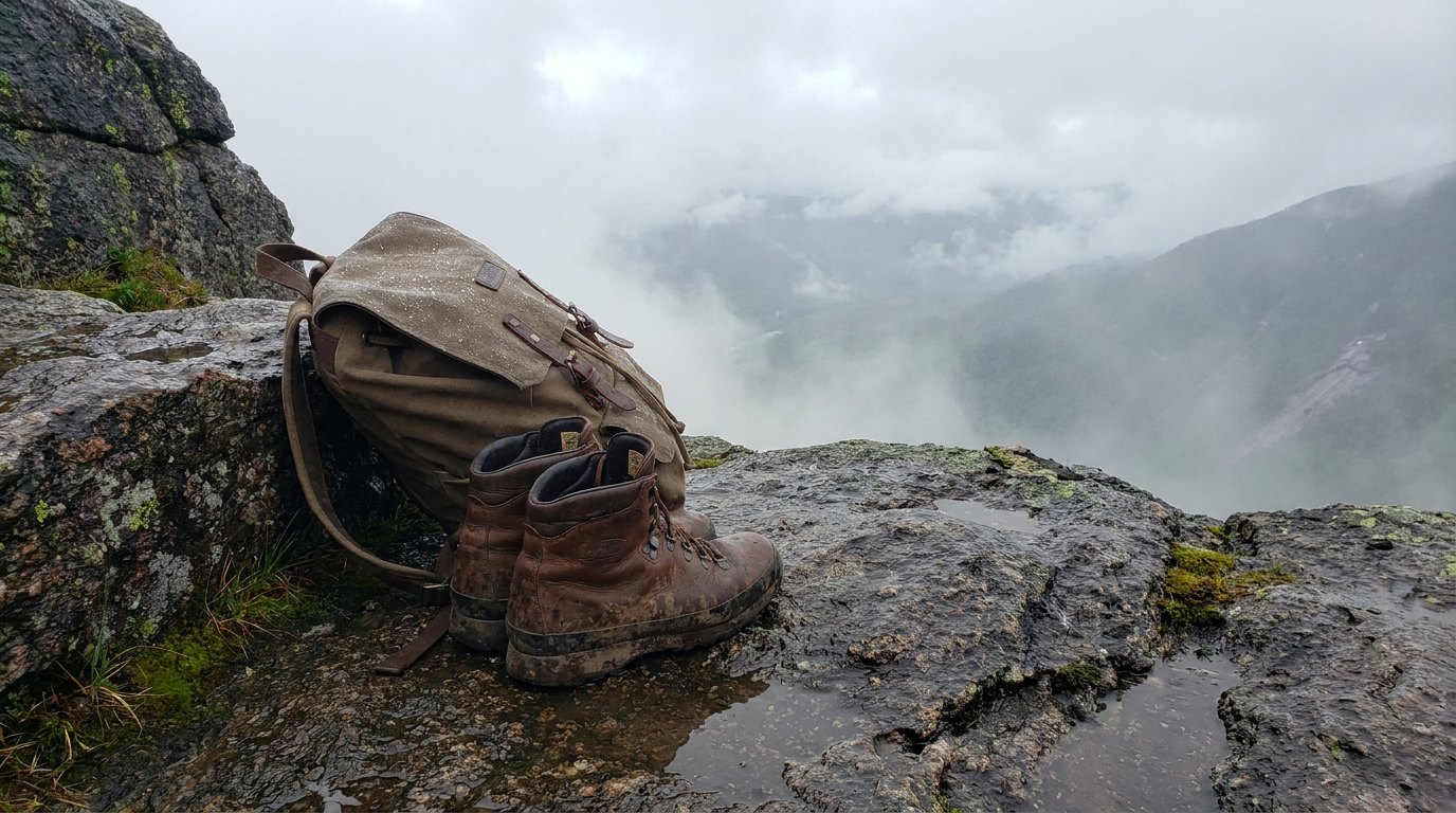 Brown leather backpacking boots on a rocky mountain ledge after rain