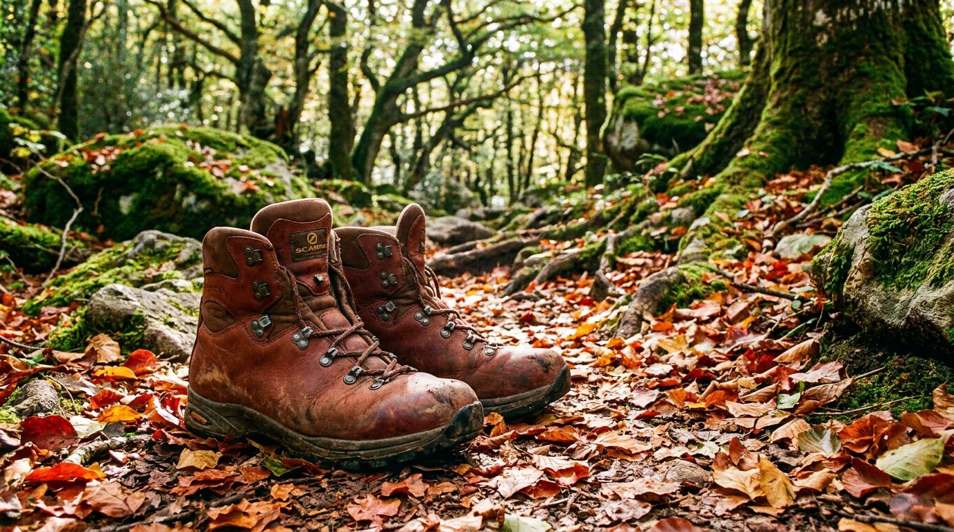 Nubuck leather hiking boots on a forest trail covered in autumn leaves