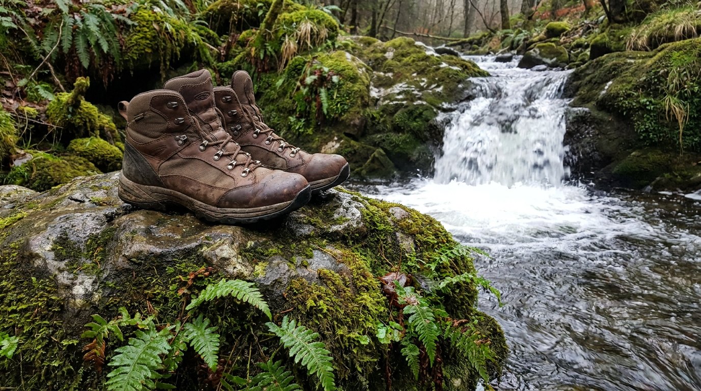 Mid-height trail boots on a mossy rock near a small waterfall