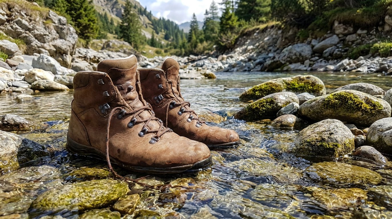 Brown nubuck hiking boots standing in a shallow mountain stream