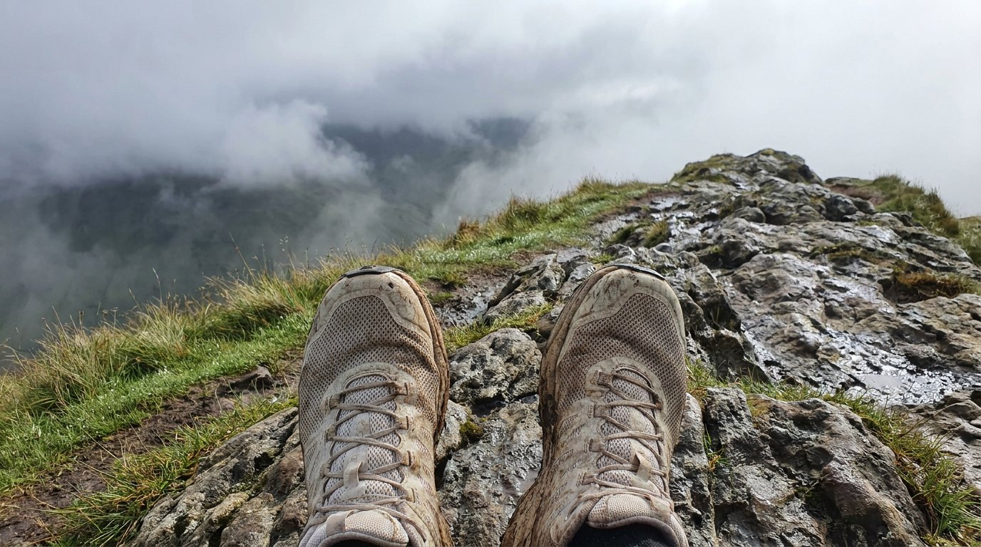 Light mesh trail boots on a rocky ridge with low cloud and wet grass