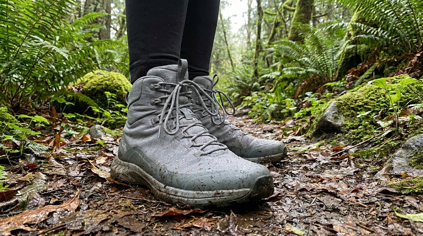 Lightweight grey hiking boots on a wet forest trail with ferns