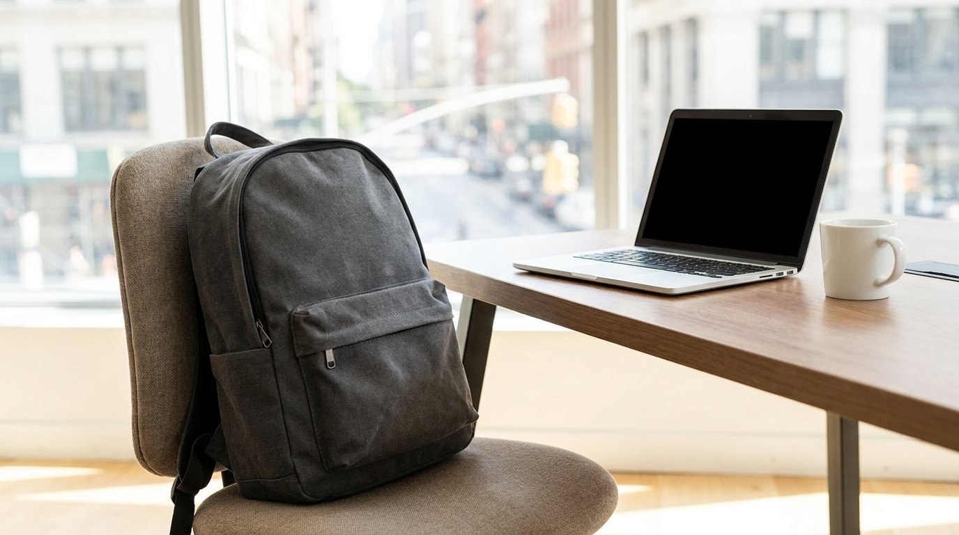 Slim dark backpack on an office chair next to a laptop and a coffee in a city co-working space