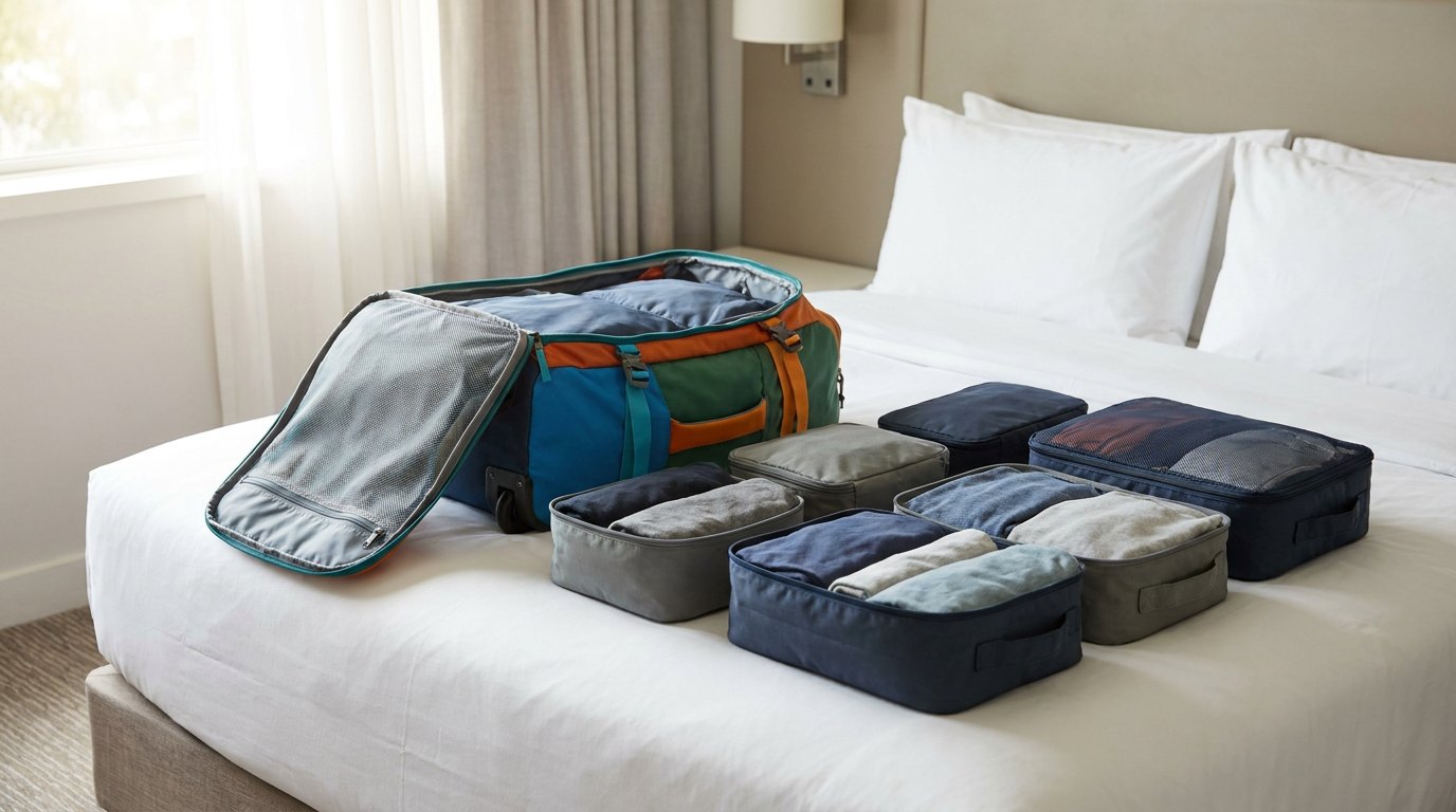Colourful travel backpack lying open on a bed with folded clothes in packing cubes