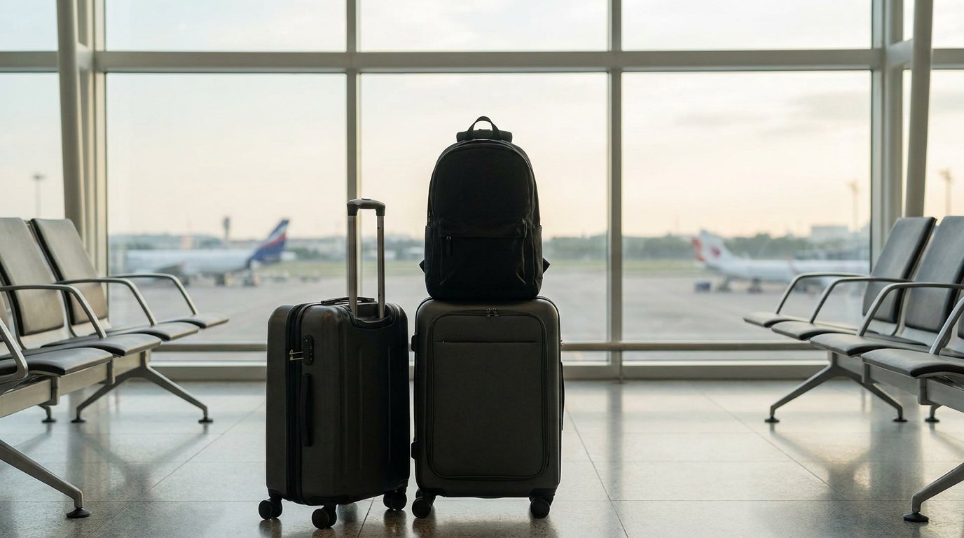 Small black backpack resting on top of a wheeled carry-on in a departure hall
