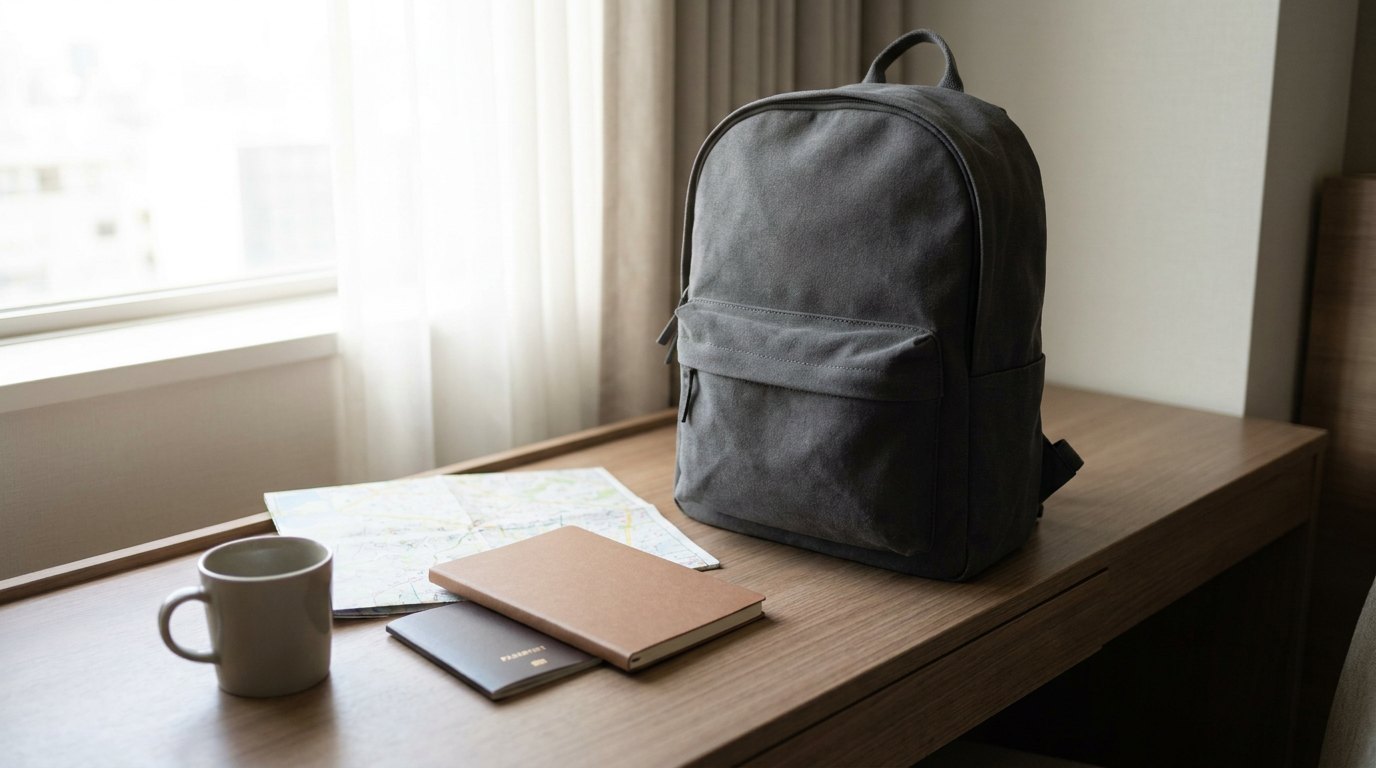 Sleek charcoal backpack on a hotel desk next to a passport and a notebook