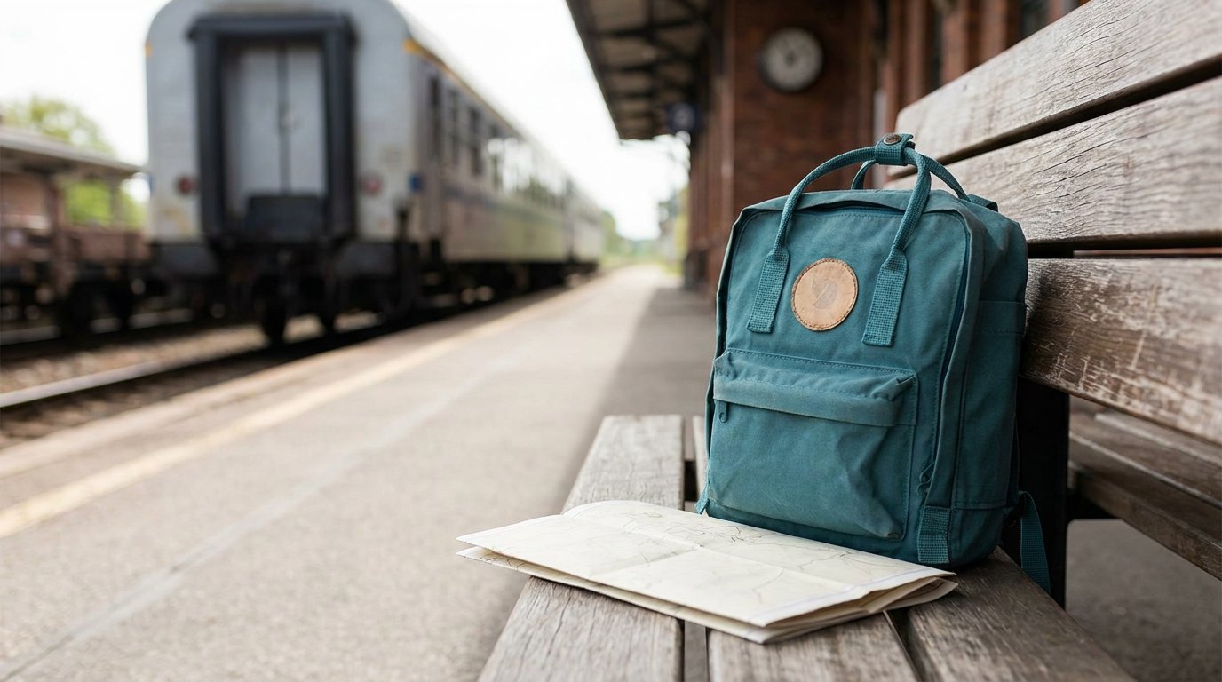 Compact teal backpack on a train station bench beside a paper map