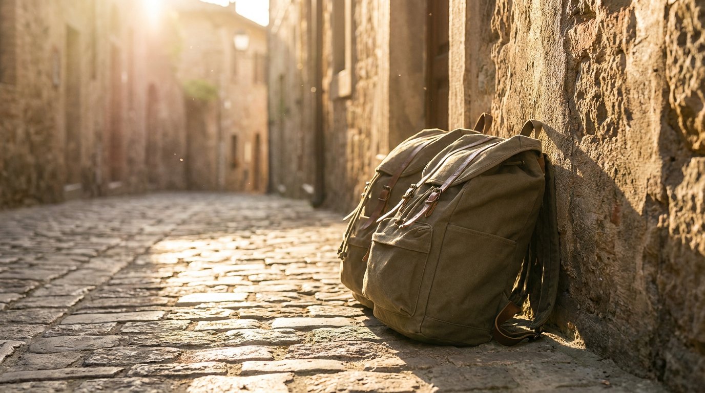 Two green travel backpacks leaning on a stone wall on a cobbled European street
