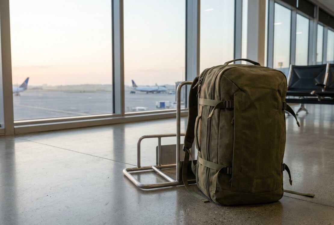 Travel backpack standing beside a cabin bag sizer at a sunlit airport gate