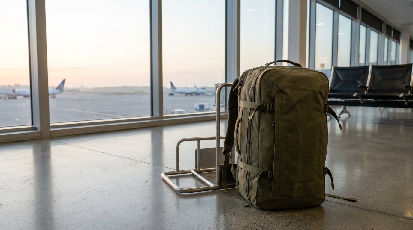 Travel backpack standing beside a cabin bag sizer at a sunlit airport gate