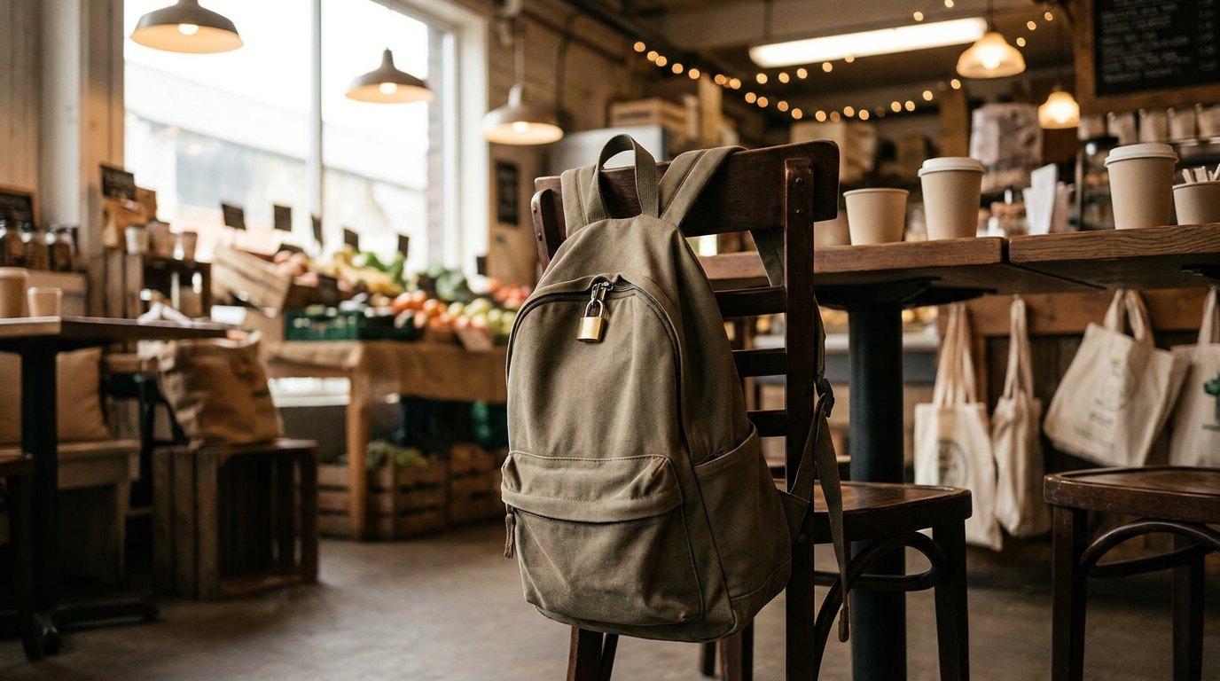Backpack with a locked zipper hanging on a chair in a busy market cafe