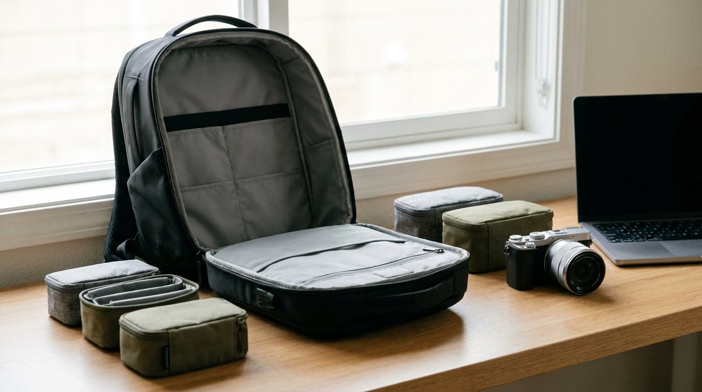 Black clamshell backpack on a desk beside a camera, a laptop and small organizer cubes