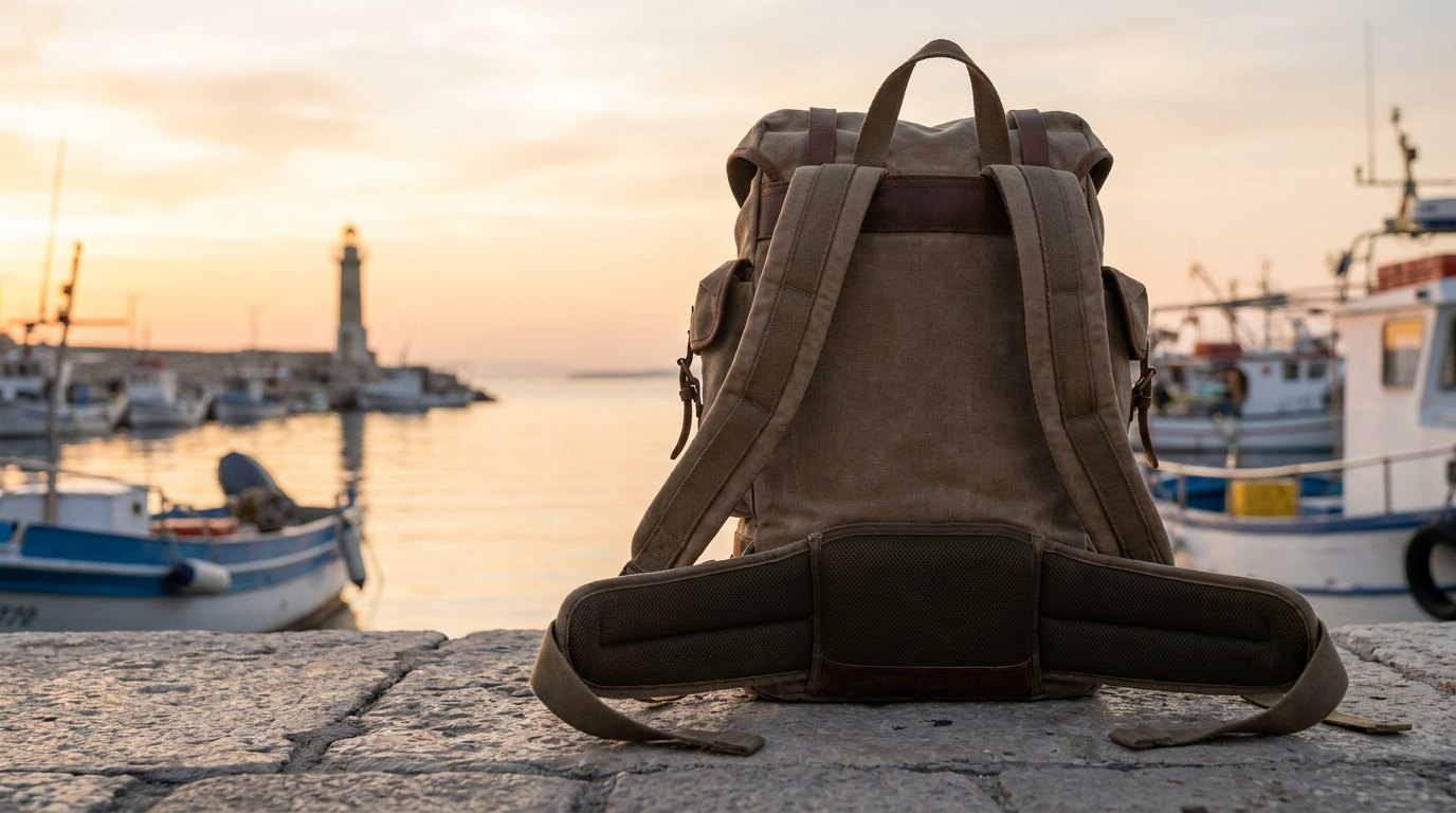 Traveler's backpack with a padded hip belt on a harbour promenade at dawn