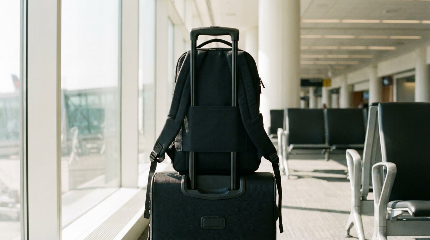 Black travel backpack slotted over the handle of a wheeled suitcase in a bright terminal